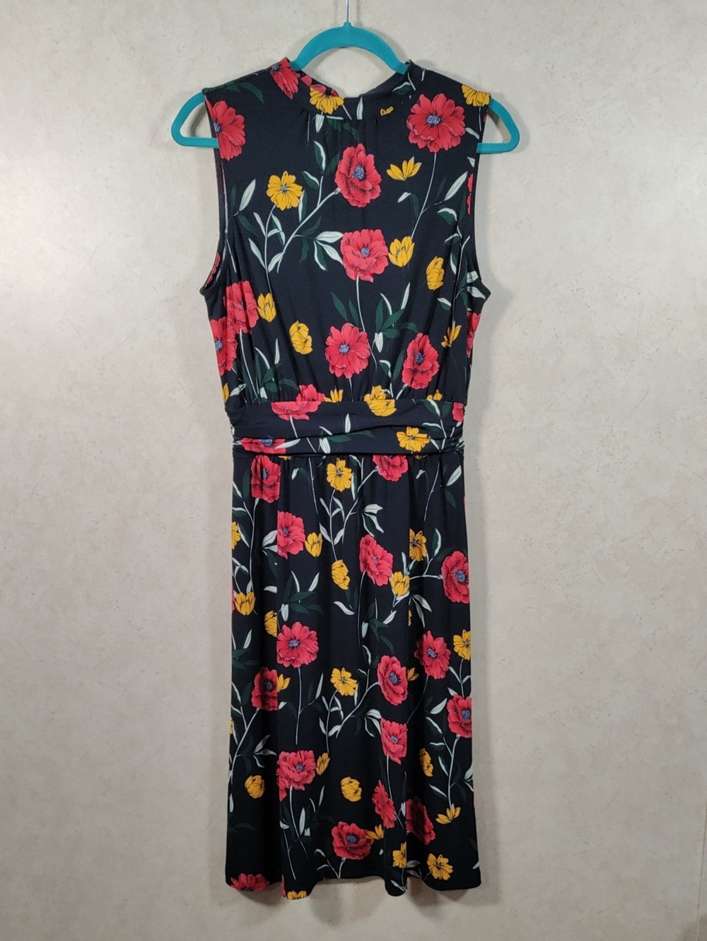 H191 Leota Floral Sleeveless Black Dress with Red & Yellow Blooms S